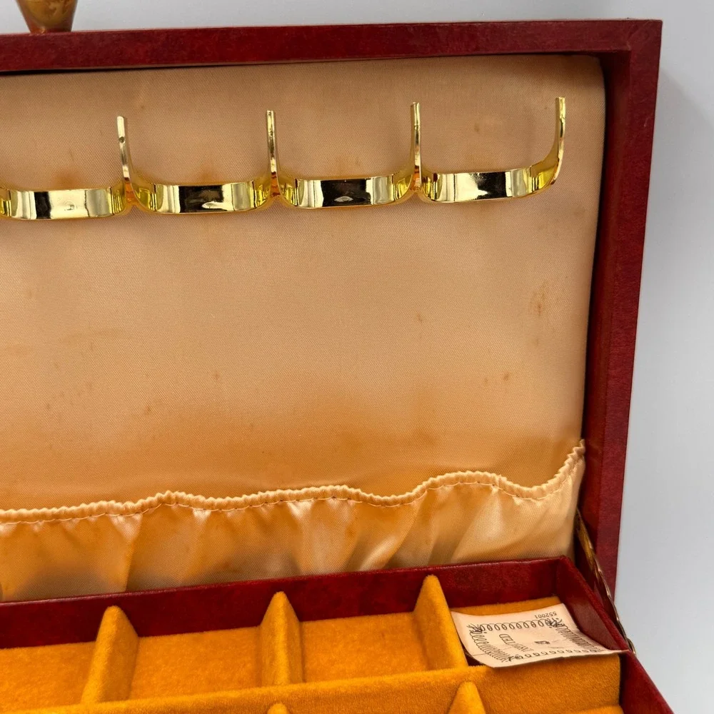 Vintage Red Faux Leather Jewelry Box Gold Filigree 3-Tier Cantilever Drawer